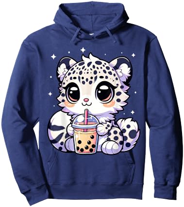 Kawaii Anime Snow Leopard Boba Bubble Tea Lover Hoodie - Hoodie | Navy