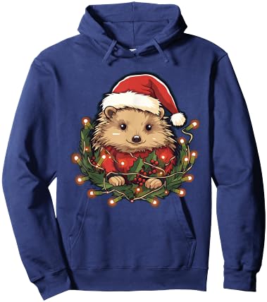 Cute Hedgehog Christmas Lights Santa Hat Xmas Pajama Hoodie - Hoodie | Navy