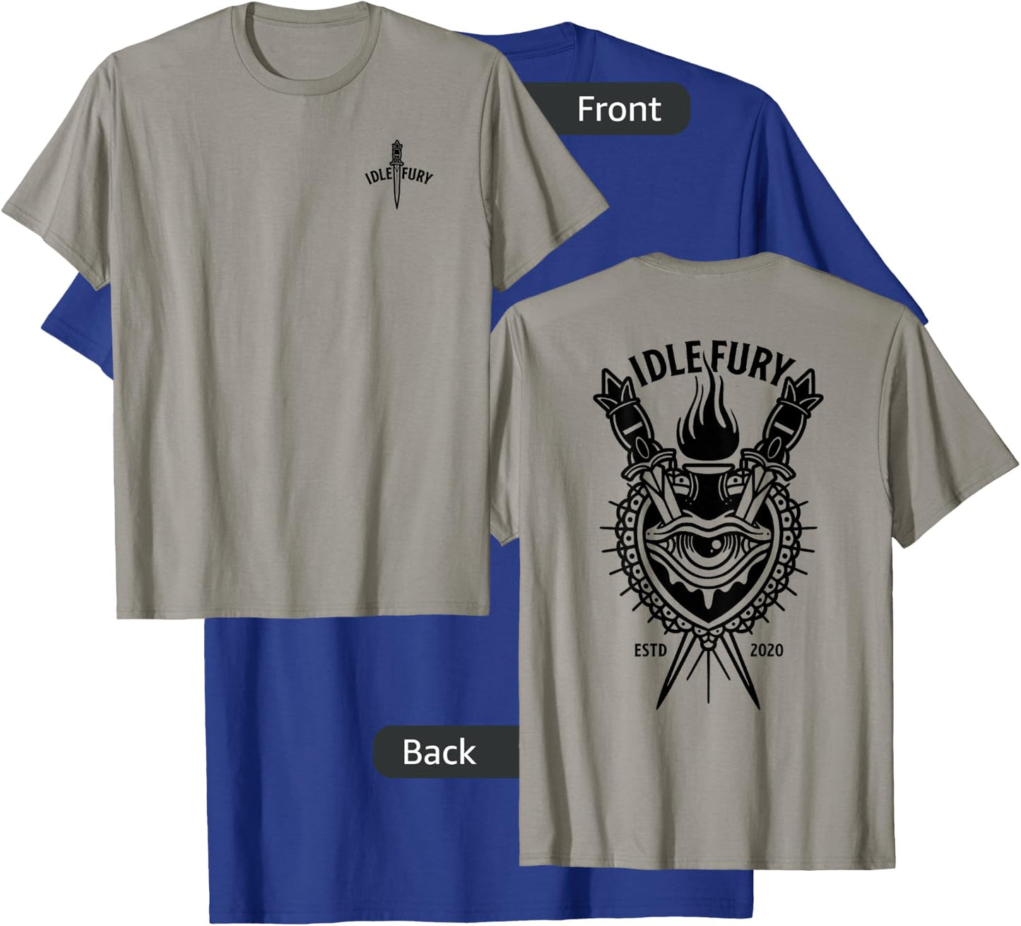 VIEW BACK PRINT Idle Fury Sacred Heart Swords Daggers Tattoo T-Shirt - T-Shirt | Royal