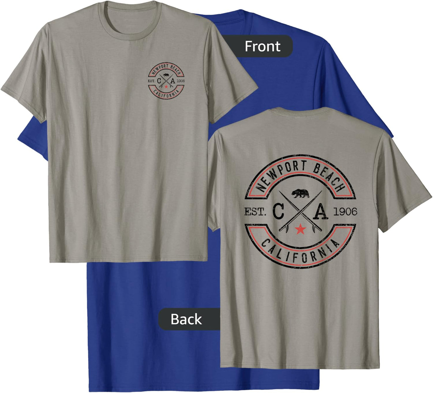 Newport Beach California CA Retro Surfer Front & Back Print T-Shirt - T-Shirt | Royal