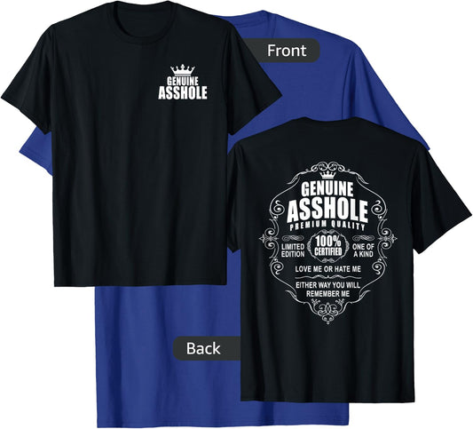 Certified Genuine Asshole 100 % Front Back Design Motorcycle T-Shirt - T-Shirt | Royal