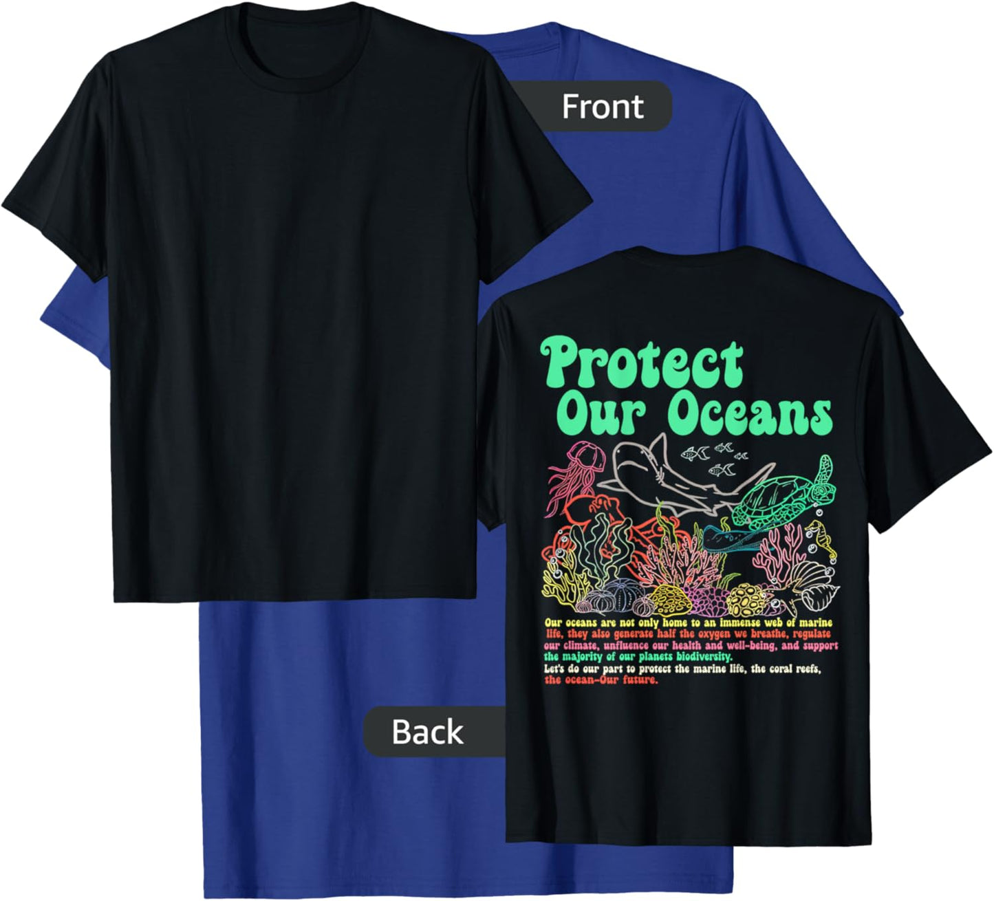 Respect The Locals, Protect Our Oceans Shark Surfing (Back) T-Shirt - T-Shirt | Royal