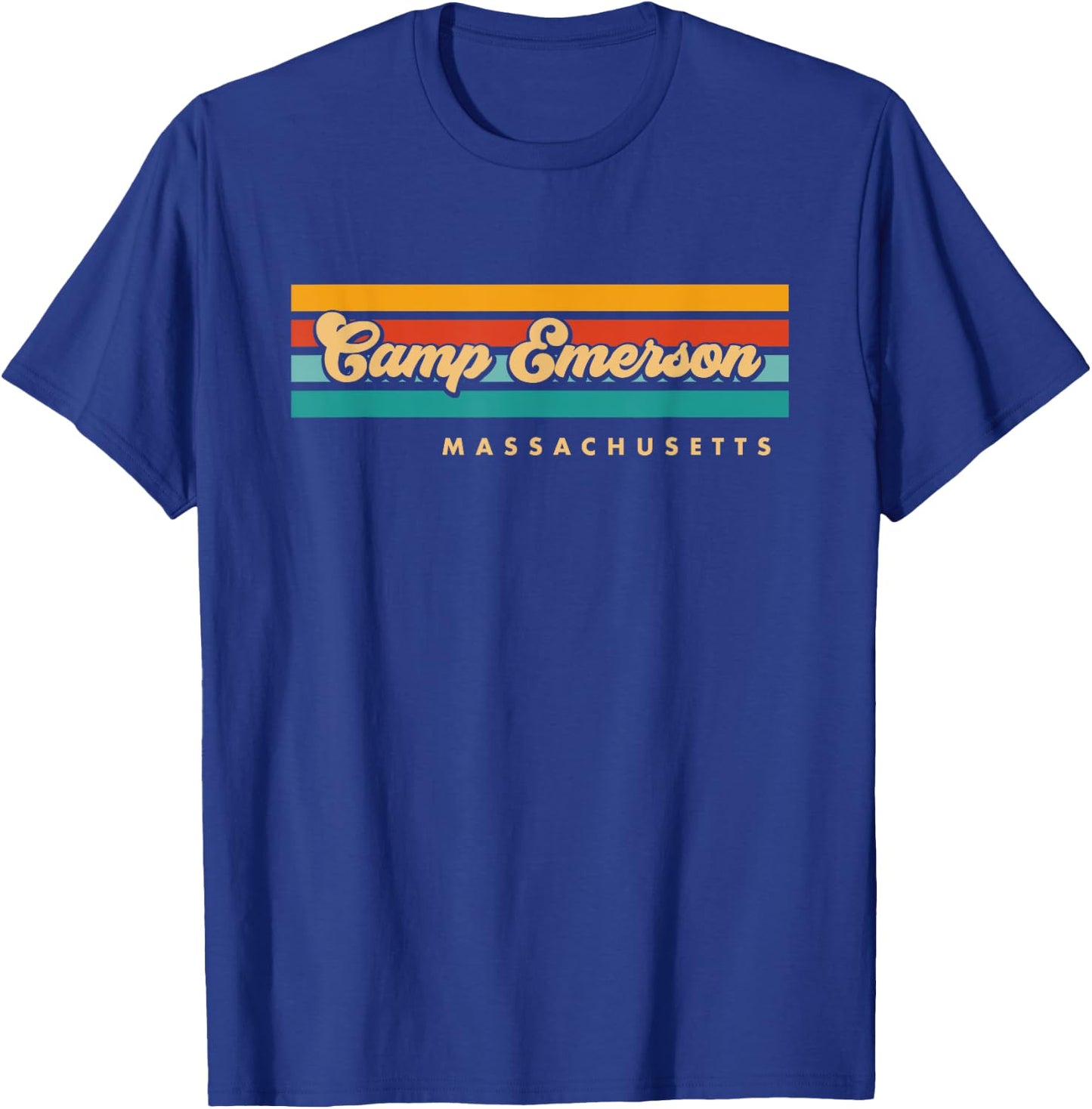 Vintage Sunset Stripes Camp Emerson, Massachusetts T-Shirt - T-Shirt | Royal