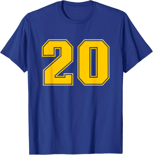 Number #20 Yellow Sports Fan Jersey Number T-Shirt - T-Shirt | Royal