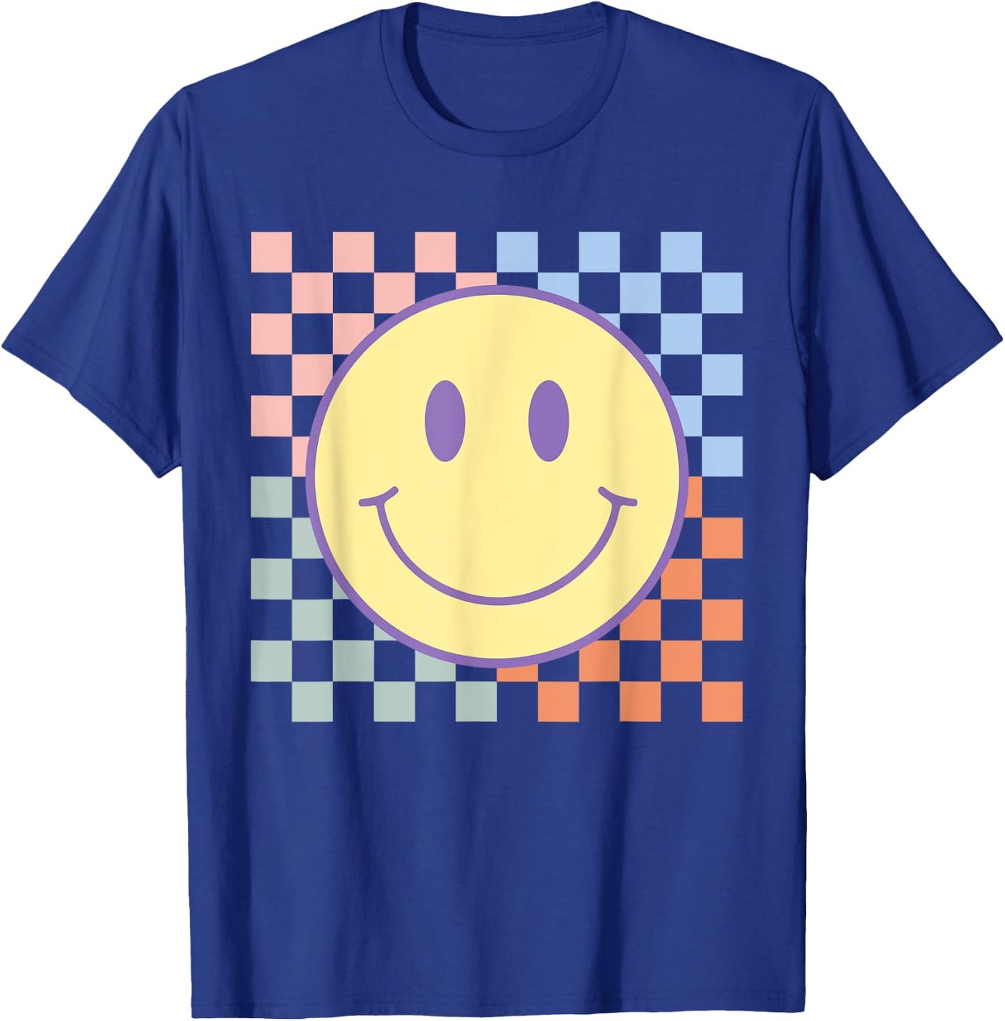Retro Happy Face Shirt Checkered Pattern Smile Face Trendy T-Shirt - T-Shirt | Royal
