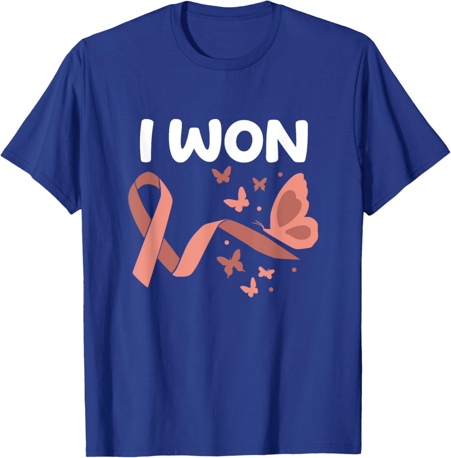 Peach Ribbon For Endometrial Cancer Awareness I Won! Endometrial Cancer Survivor. Butterflies Version Women's Black Cotton Polyester Blend Classic Fit Short Sleeve - Small T-Shirt - T-Shirt | Royal