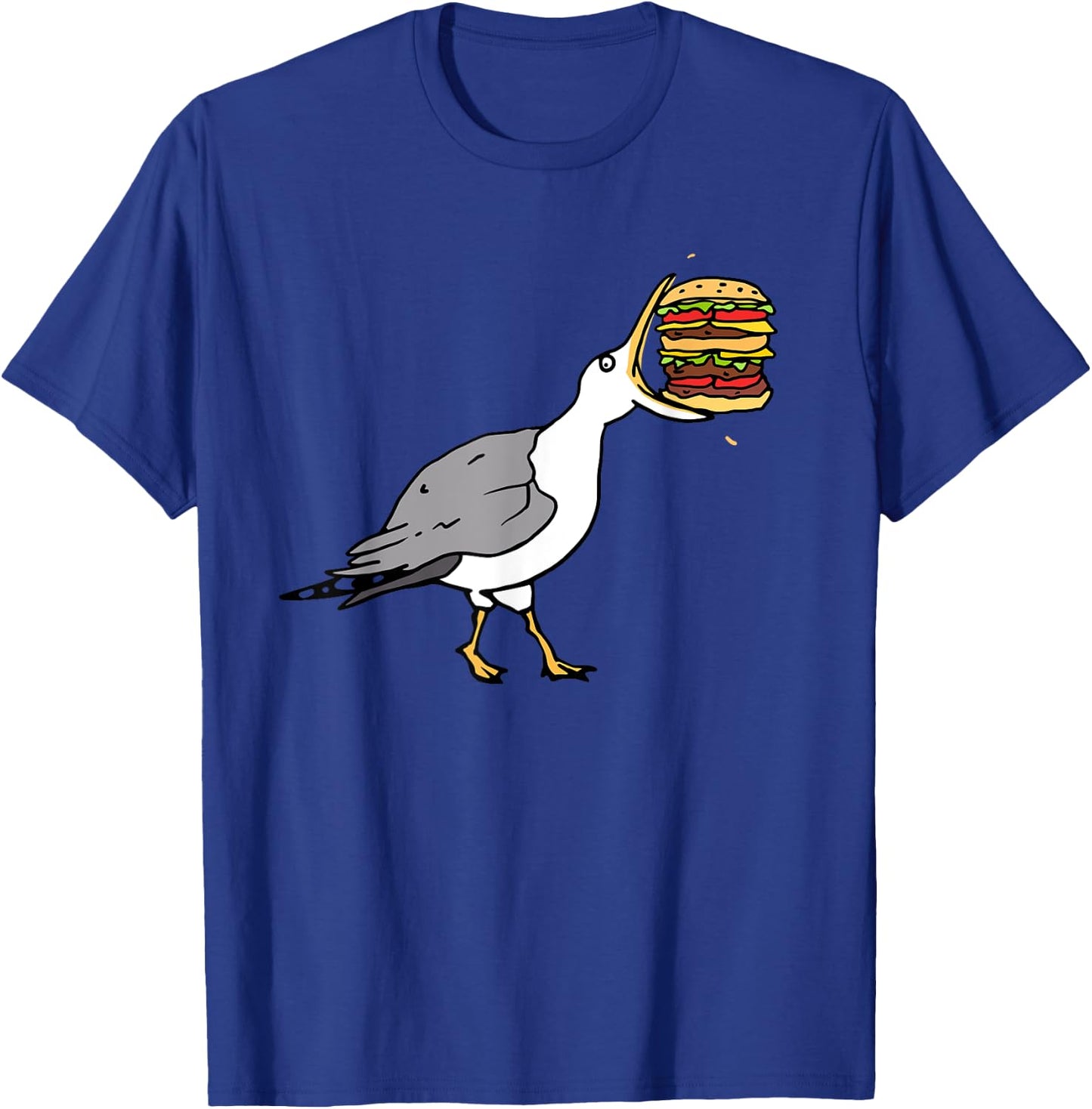 Funny Animal Bird Seagull with Burger Hungry Food Art T-Shirt - T-Shirt | Royal