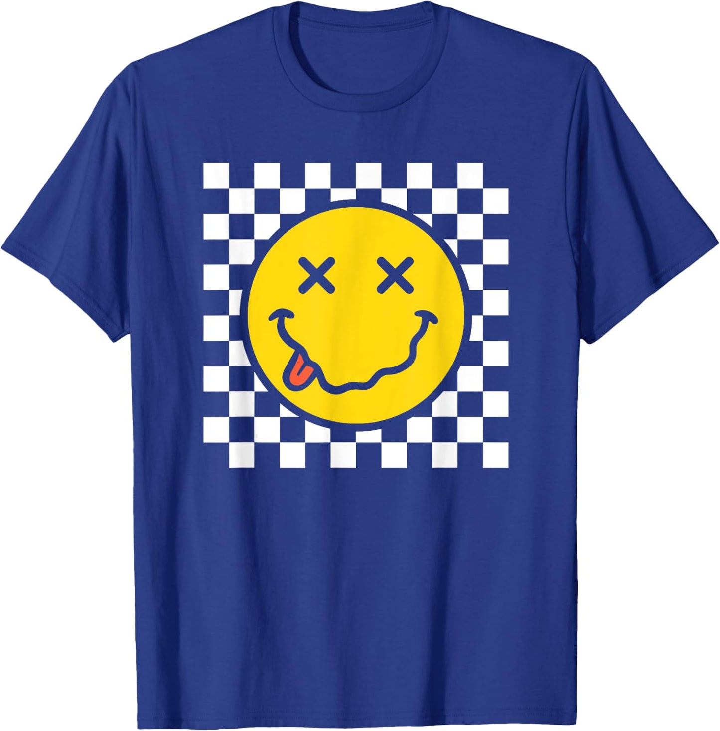 70s Yellow Smile Face Funny Tongue Out Checkered Happy Face T-Shirt - T-Shirt | Royal