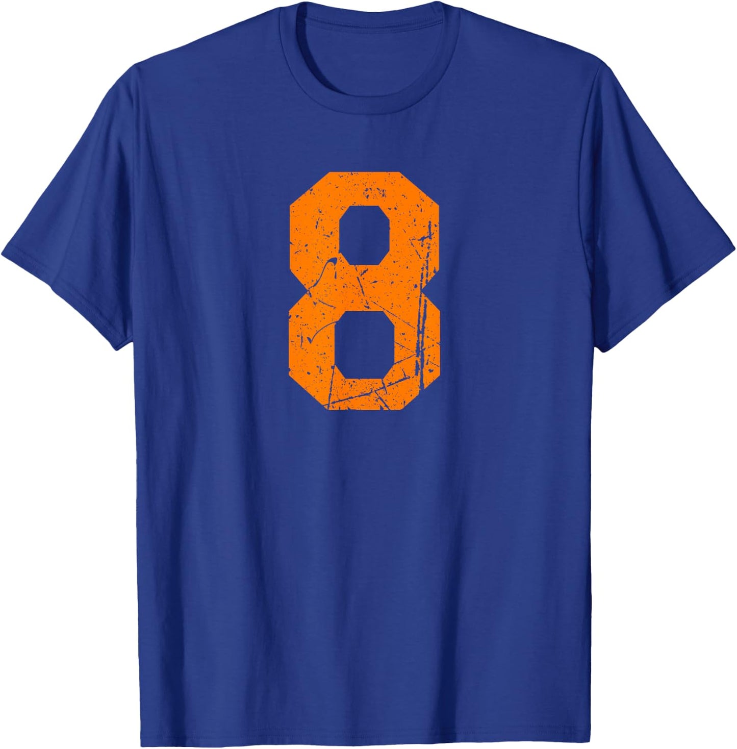 Number #8 Orange Distressed Sport Number T-Shirt - T-Shirt | Royal