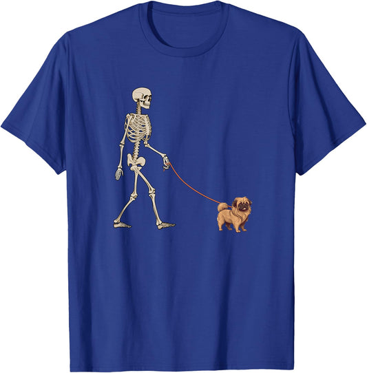 Funny Pekingese Skeleton Dog Walking Halloween Dog T-Shirt - T-Shirt | Royal