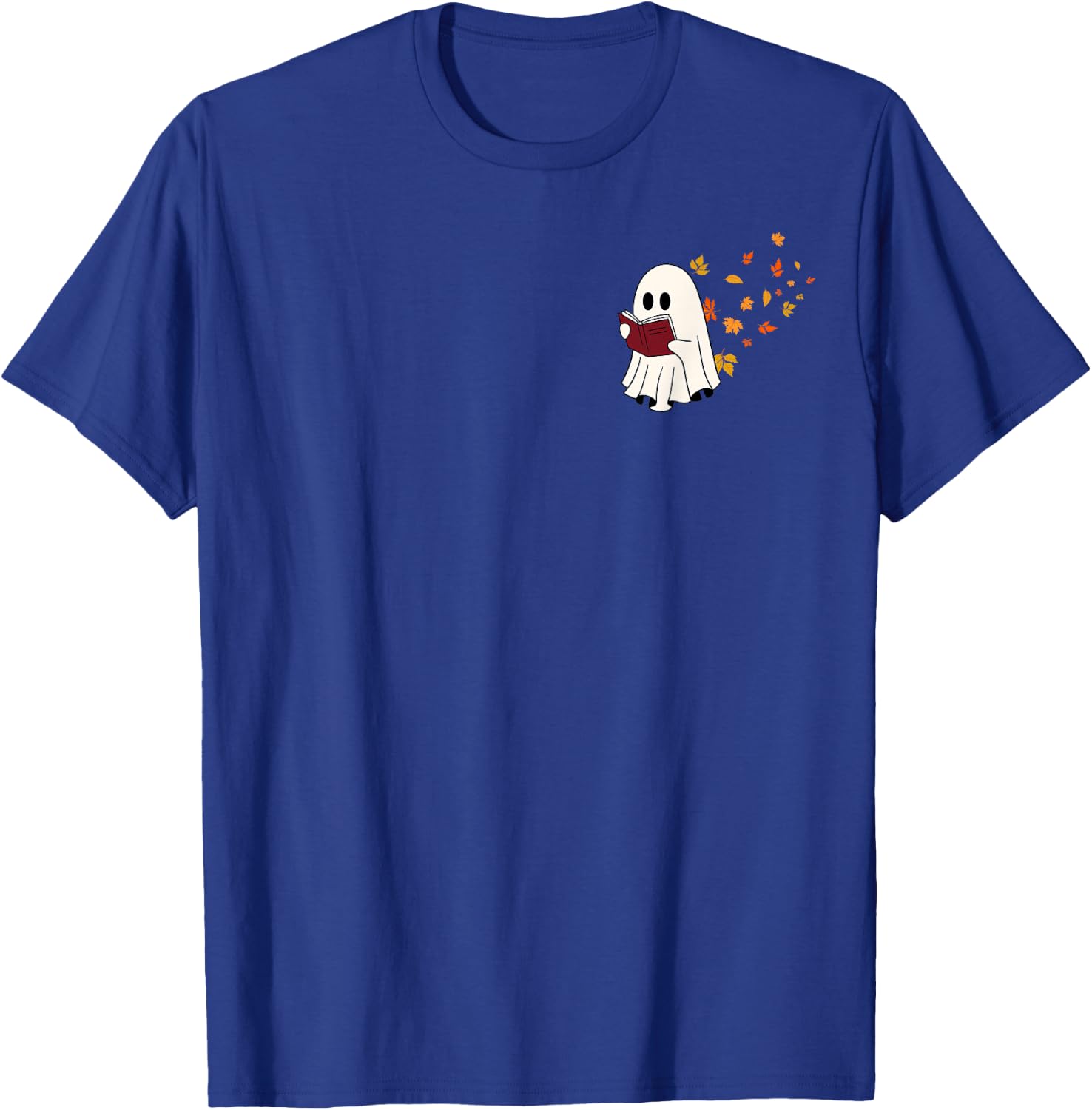 Cute Little Ghost Reading Book Under Fall Leaves Women Men T-Shirt - T-Shirt | Royal