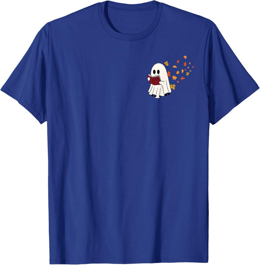Cute Little Ghost Reading Book Under Fall Leaves Women Men T-Shirt - T-Shirt | Royal