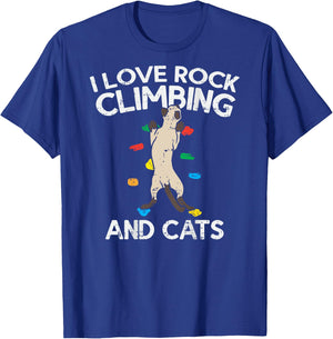 I Love Rock Climbing & Cats (on back) Cute Climbing T-Shirt - T-Shirt | Royal