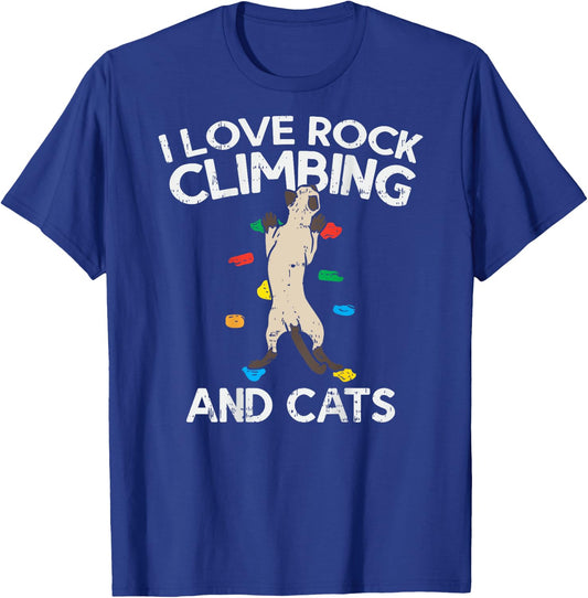 I Love Rock Climbing & Cats (on back) Cute Climbing T-Shirt - T-Shirt | Royal