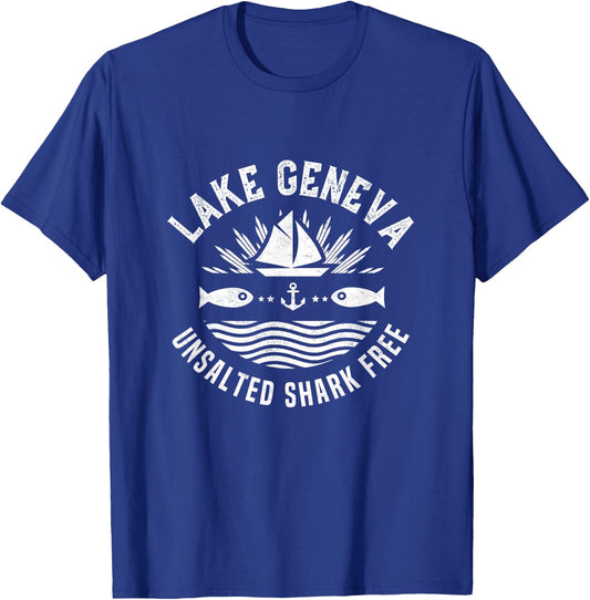 Lake Geneva Unsalted Shark Free Wisconsin Fishing Boat T-Shirt - T-Shirt | Royal