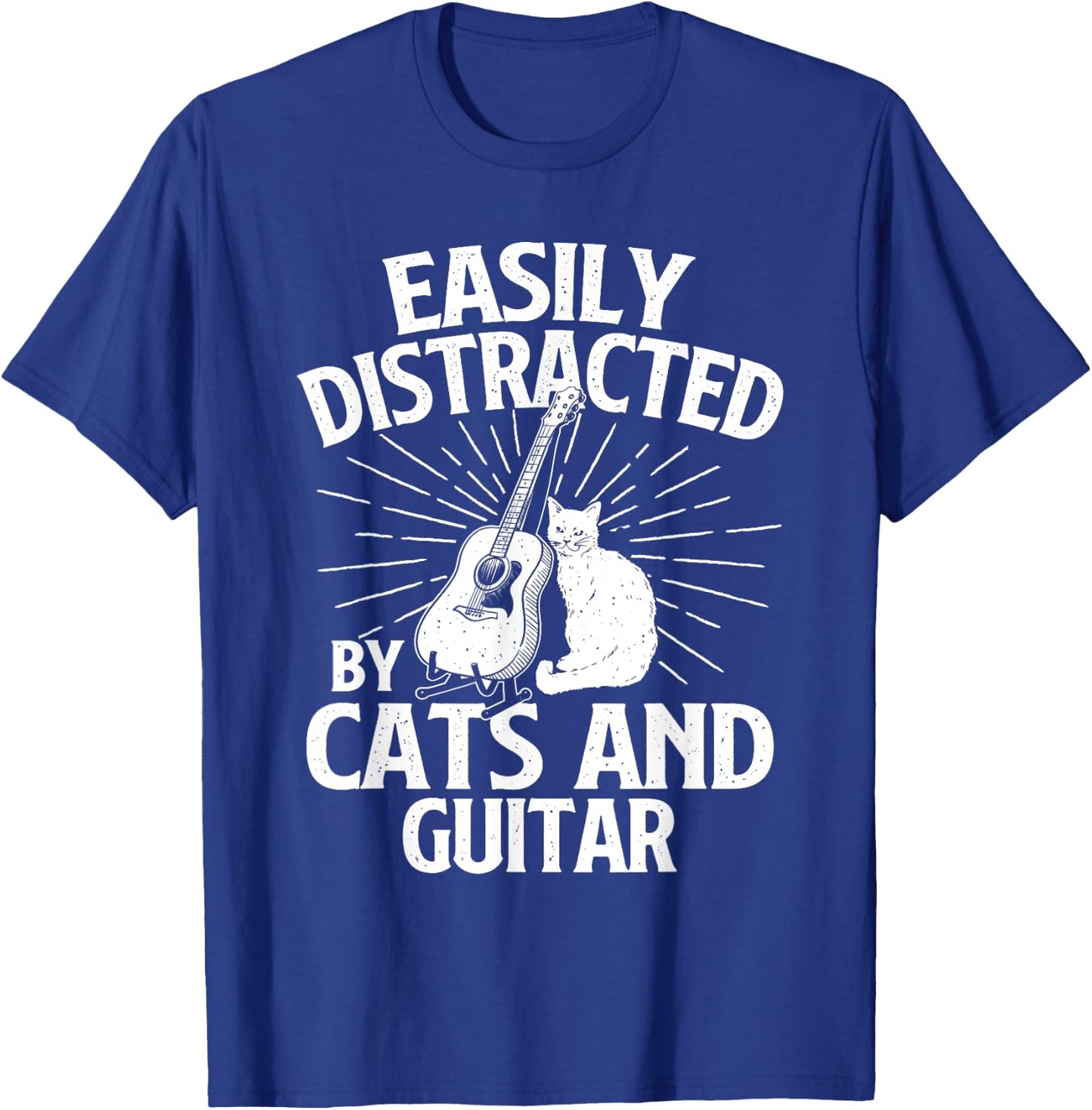 Easily Distracted By Cats And Guitar - Music Animal Lover T-Shirt - T-Shirt | Royal