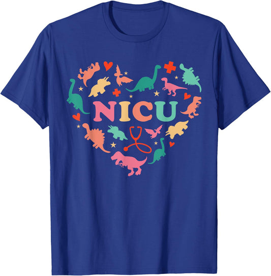 NICU Nurse Cute Colorful Dinosaur Heart Nurse Appreciation T-Shirt - T-Shirt | Royal