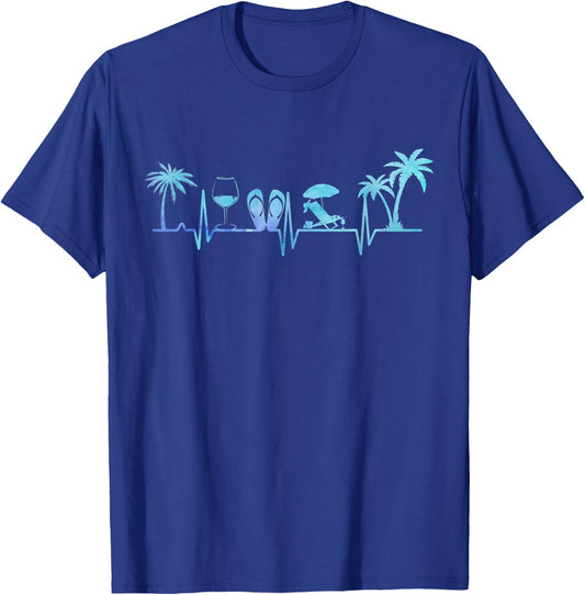 Heartbeat Palm Tree Wine Glass Flipp Flop Summer Lover Men Women T-Shirt - T-Shirt | Royal