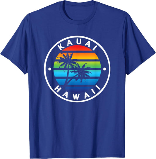 Kauai Hawaii Hawaiian Rainbow Sunset Palm Tree Vacation T-Shirt - T-Shirt | Royal