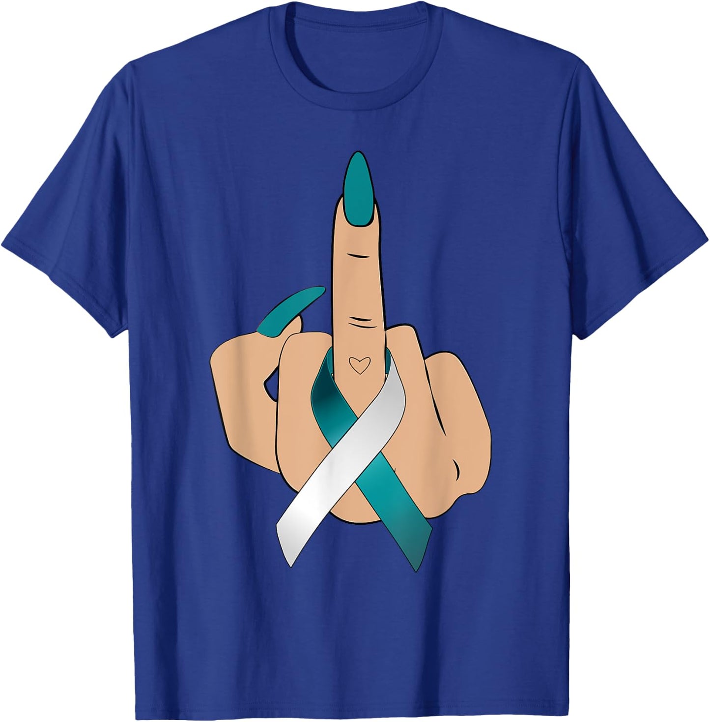 Middle Finger Woman Teal White Ribbon Cervical Cancer Women T-Shirt - T-Shirt | Royal