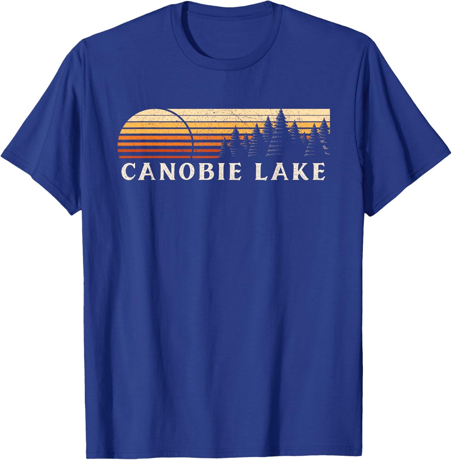 Canobie Lake, NH Vintage Evergreen Sunset Eighties Retro T-Shirt - T-Shirt | Royal