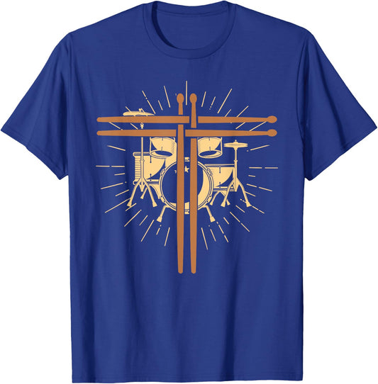 Christian Drummer Drum Sticks Cross Religious Band Drummer T-Shirt - T-Shirt | Royal