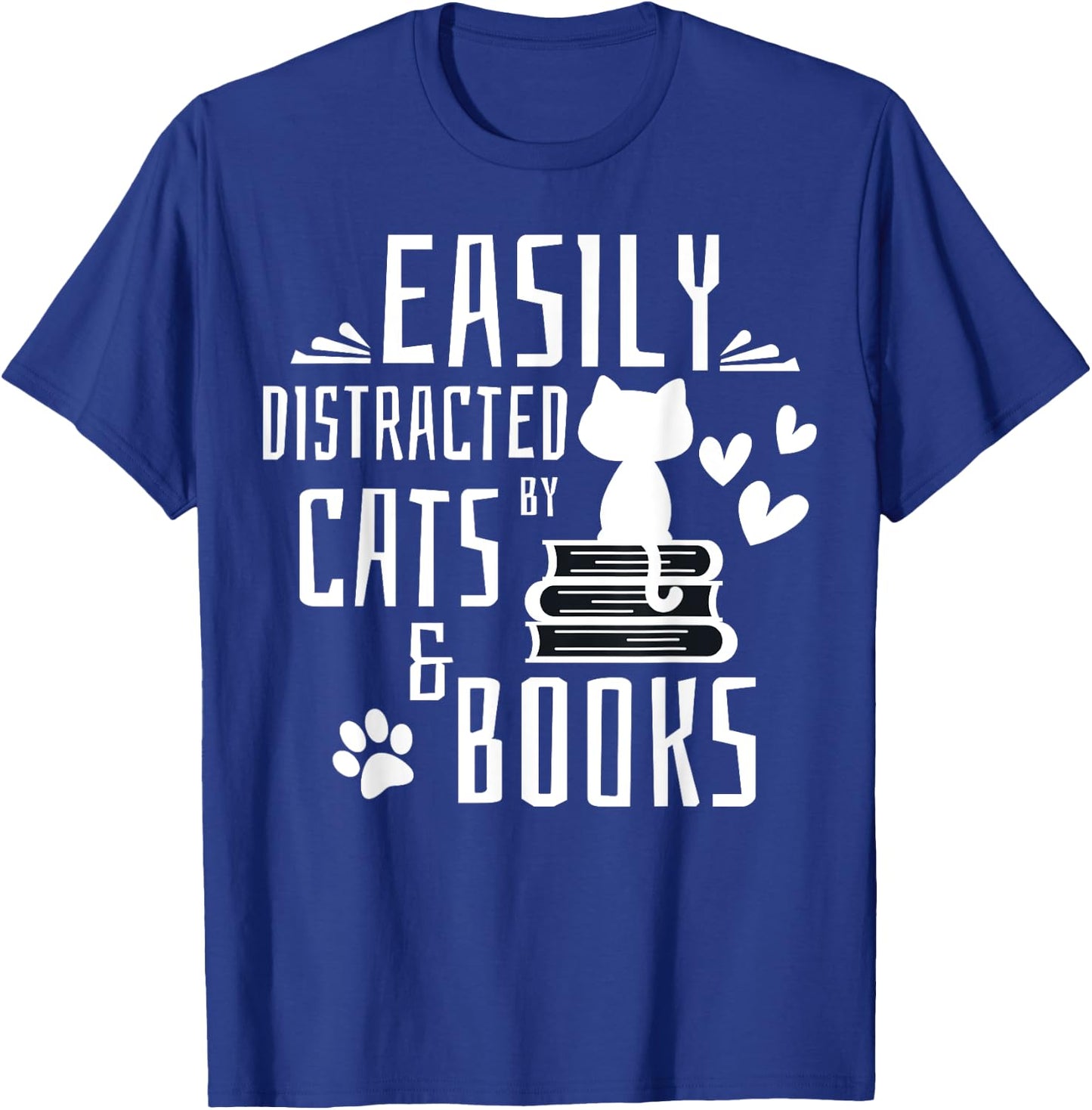 Easily Distracted By Cats And Books Gifts Kids Girls Boys T-Shirt - T-Shirt | Royal