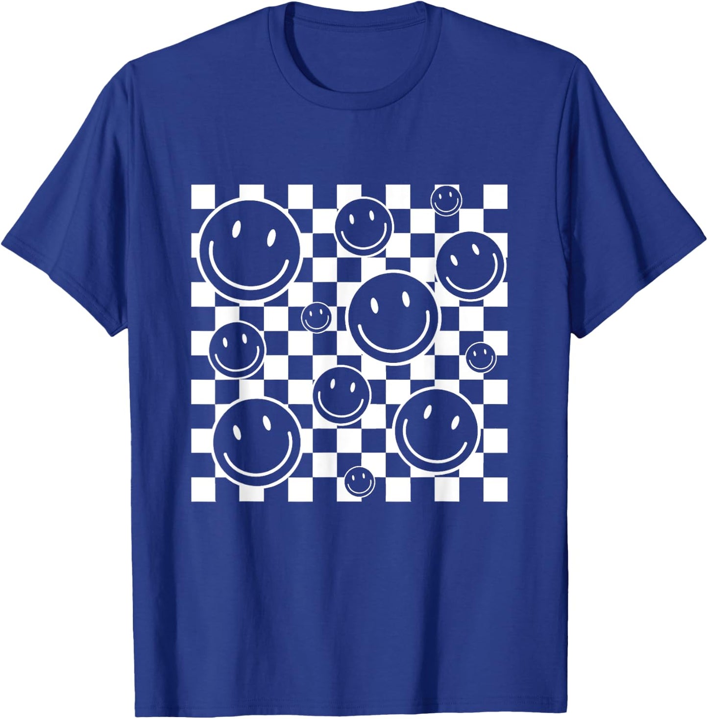 Retro Happy Face Checkered Flag Pattern Men Kids T-Shirt - T-Shirt | Royal