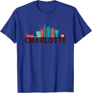 Charlotte North Carolina Skyline Silhouette Outline Sketch T-Shirt - T-Shirt | Royal