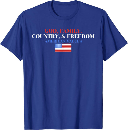 God, Family, Country, & Freedom American Values Apparel T-Shirt - T-Shirt | Royal