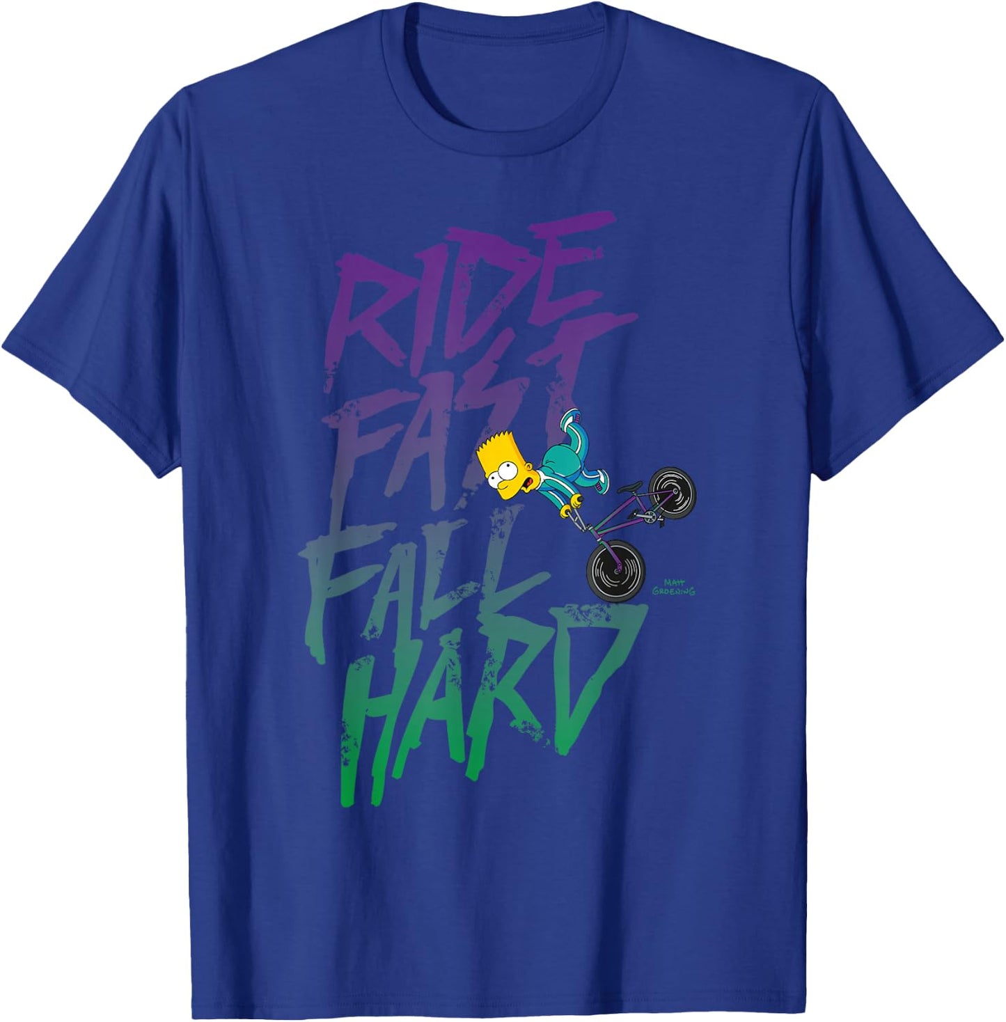 The Simpsons Bart Simpson Ride Fast Fall Hard Color Logo T-Shirt - T-Shirt | Royal
