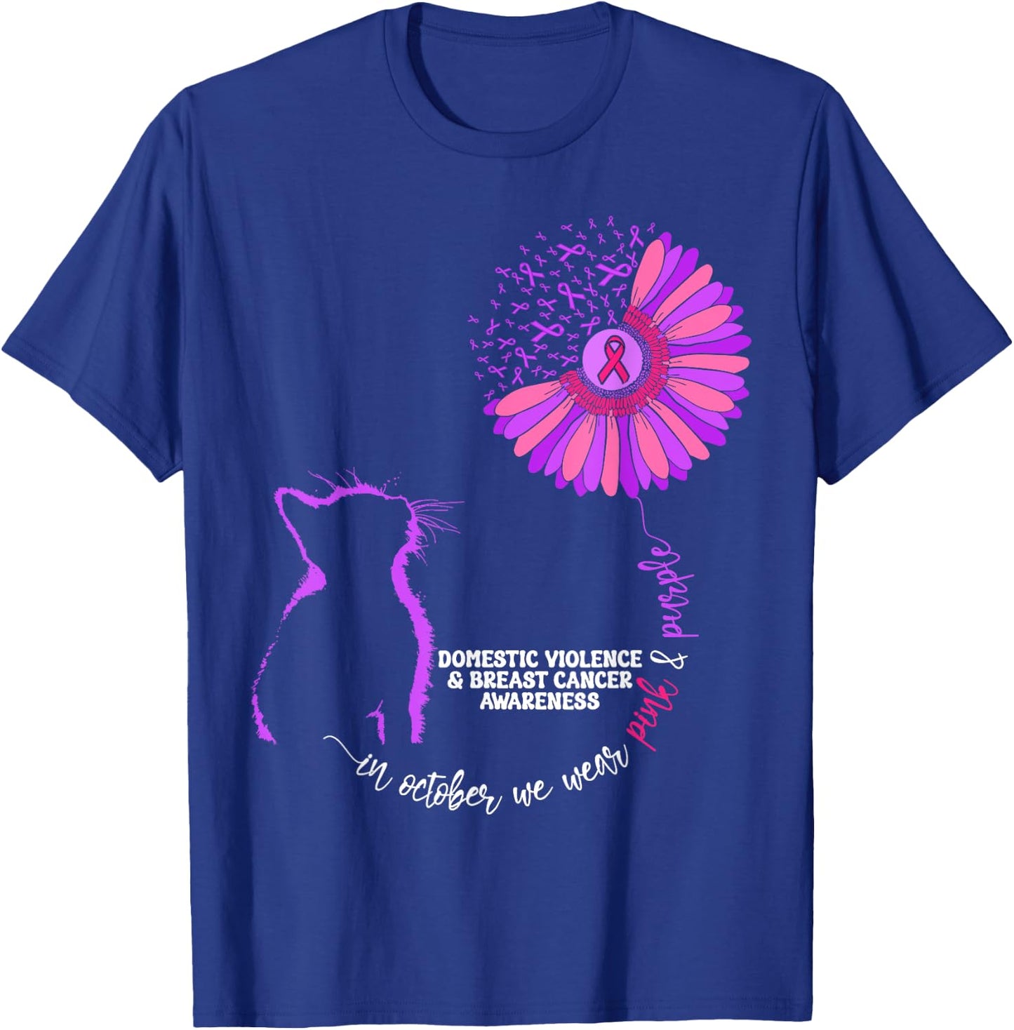 Cat Domestic Violence And Breast Cancer Awareness Groovy Men Women Girls Kids T-Shirt - T-Shirt | Royal