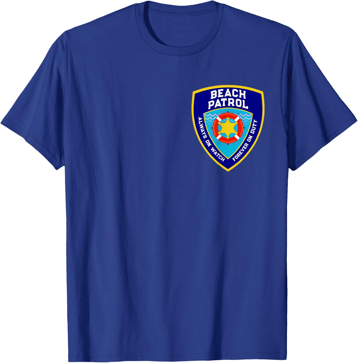 Funny BEACH PATROL Pocket Shield Lifeguards Off Duty Police T-Shirt - T-Shirt | Royal