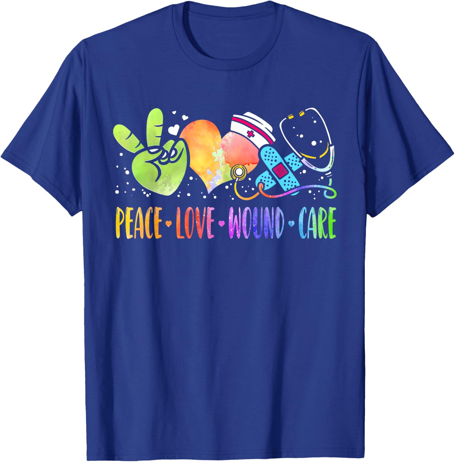 Peace Love Wound Care Nurse Heart Stethoscope RN Tie-Dye T-Shirt - T-Shirt | Royal