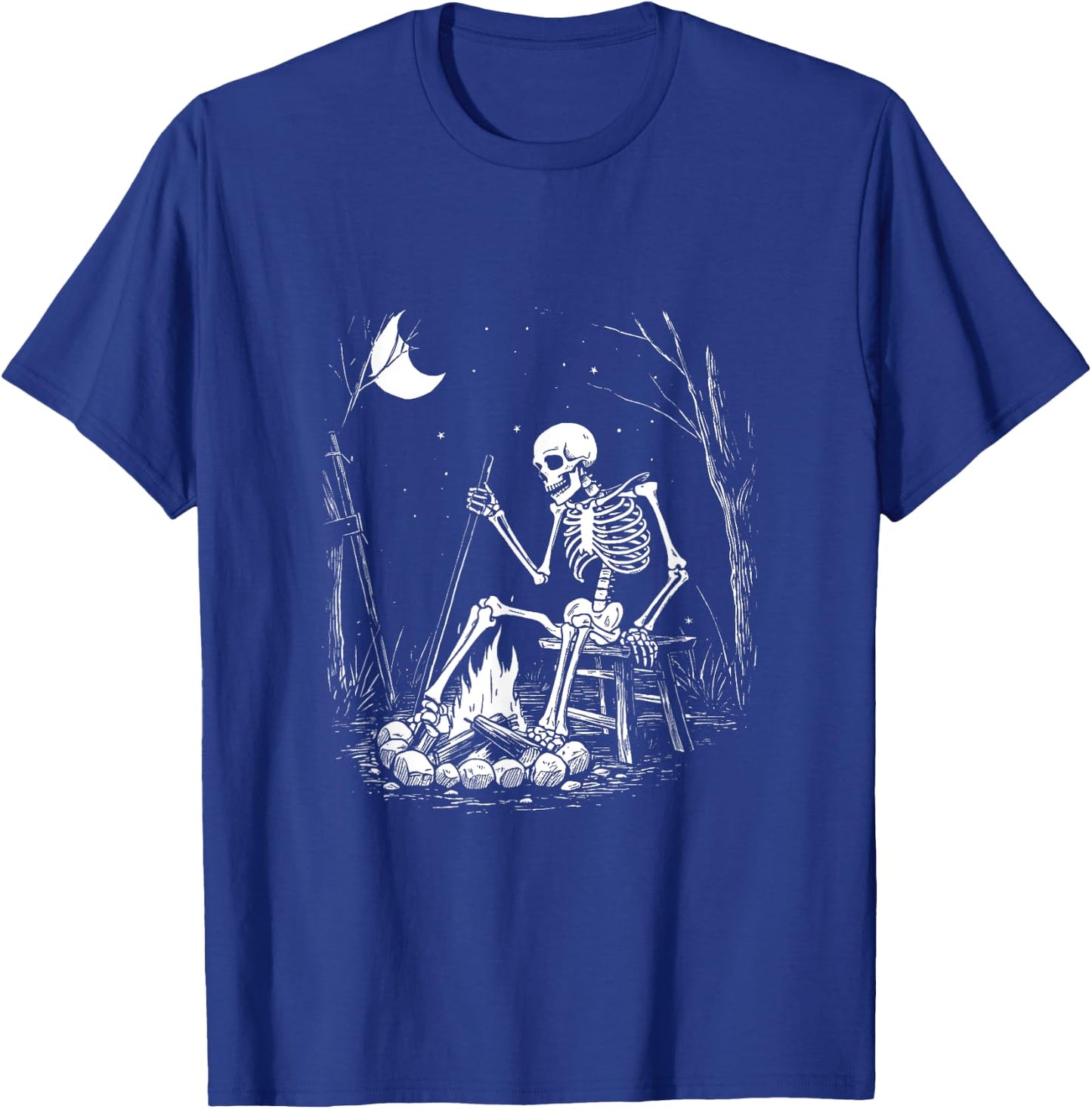 Camping Skeleton Bones Halloween Forest Campfire Graphic T-Shirt - T-Shirt | Royal