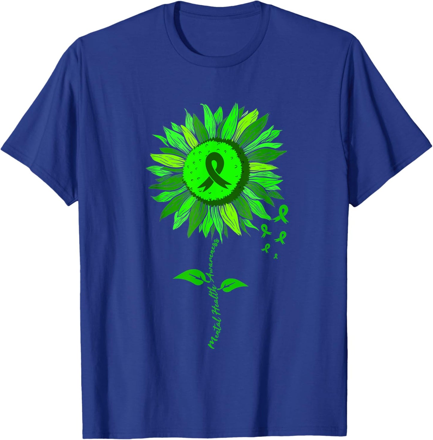 Mental Health Awareness Sunflower Green Ribbon Stigma T-Shirt - T-Shirt | Royal