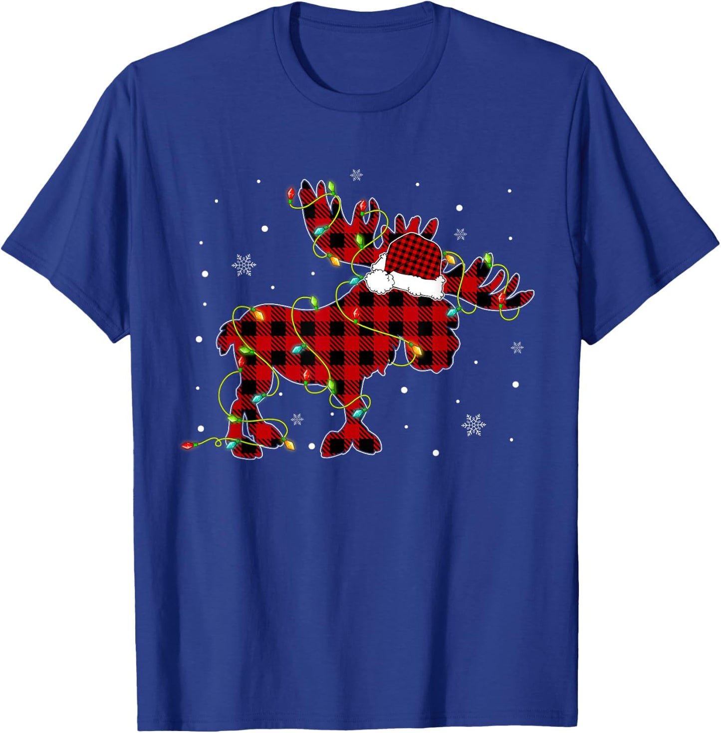 Red Buffalo Plaid Moose Santa Hat Christmas Tree Lights Xmas T-Shirt - T-Shirt | Royal