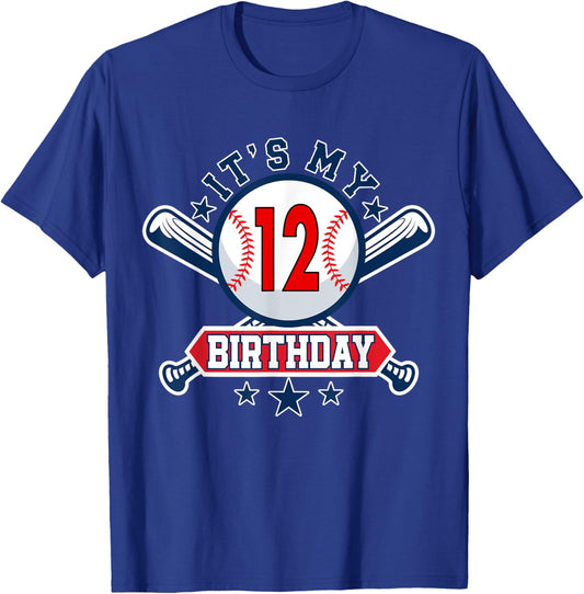 12 Years Old Kids Baseball Player 12th Birthday Party Boys T-Shirt - T-Shirt | Royal