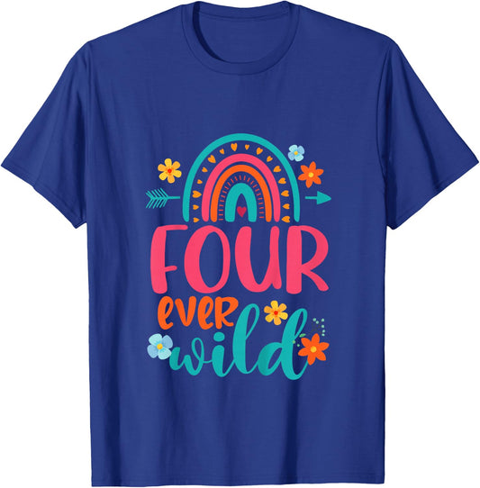 Four Ever Wild 4th Birthday Girl Rainbow Fourth Birthday T-Shirt - T-Shirt | Royal