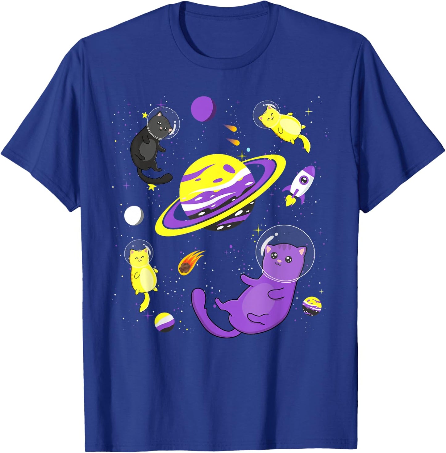 Funny Cat In Space Non-Binary Flag Agender Genderqueer Pride Women T-Shirt - T-Shirt | Royal