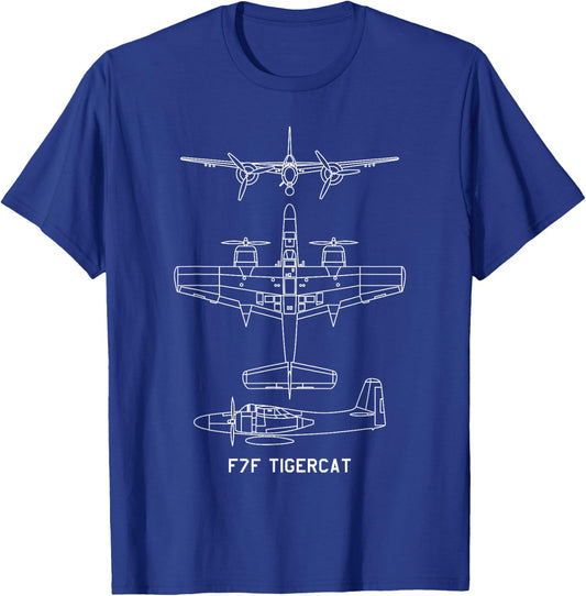 F7F Tigercat American WW2 Fighter Aircraft Blueprints T-Shirt - T-Shirt | Royal
