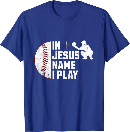 In Jesus Name Christmas Christian I Play Baseball Player T-Shirt - T-Shirt | Royal