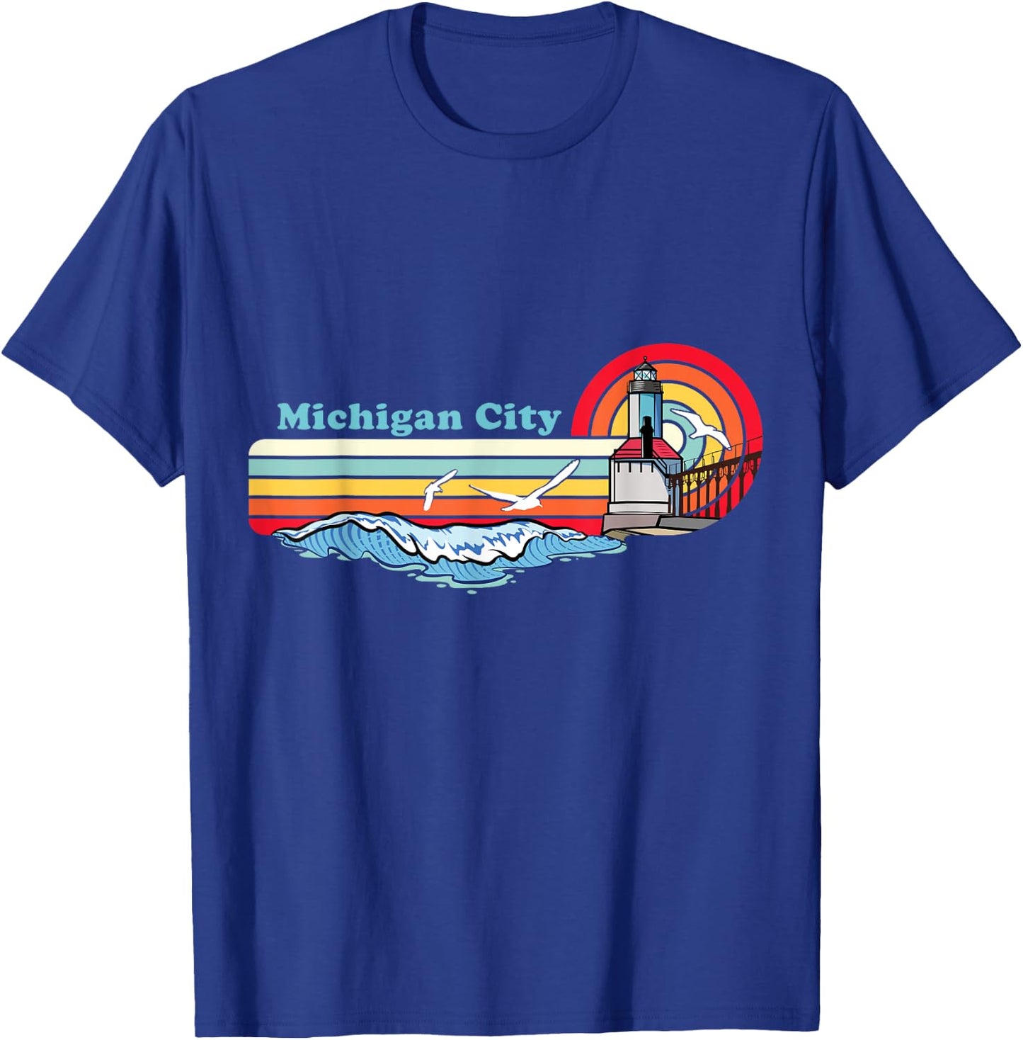 Michigan City Indiana Retro Beach Design with Lighthouse Men Women Girls Kids T-Shirt - T-Shirt | Royal