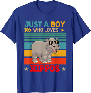 Vintage Retro Just A Boy Who Loves Hippos Cute Sunglasses T-Shirt - T-Shirt | Royal