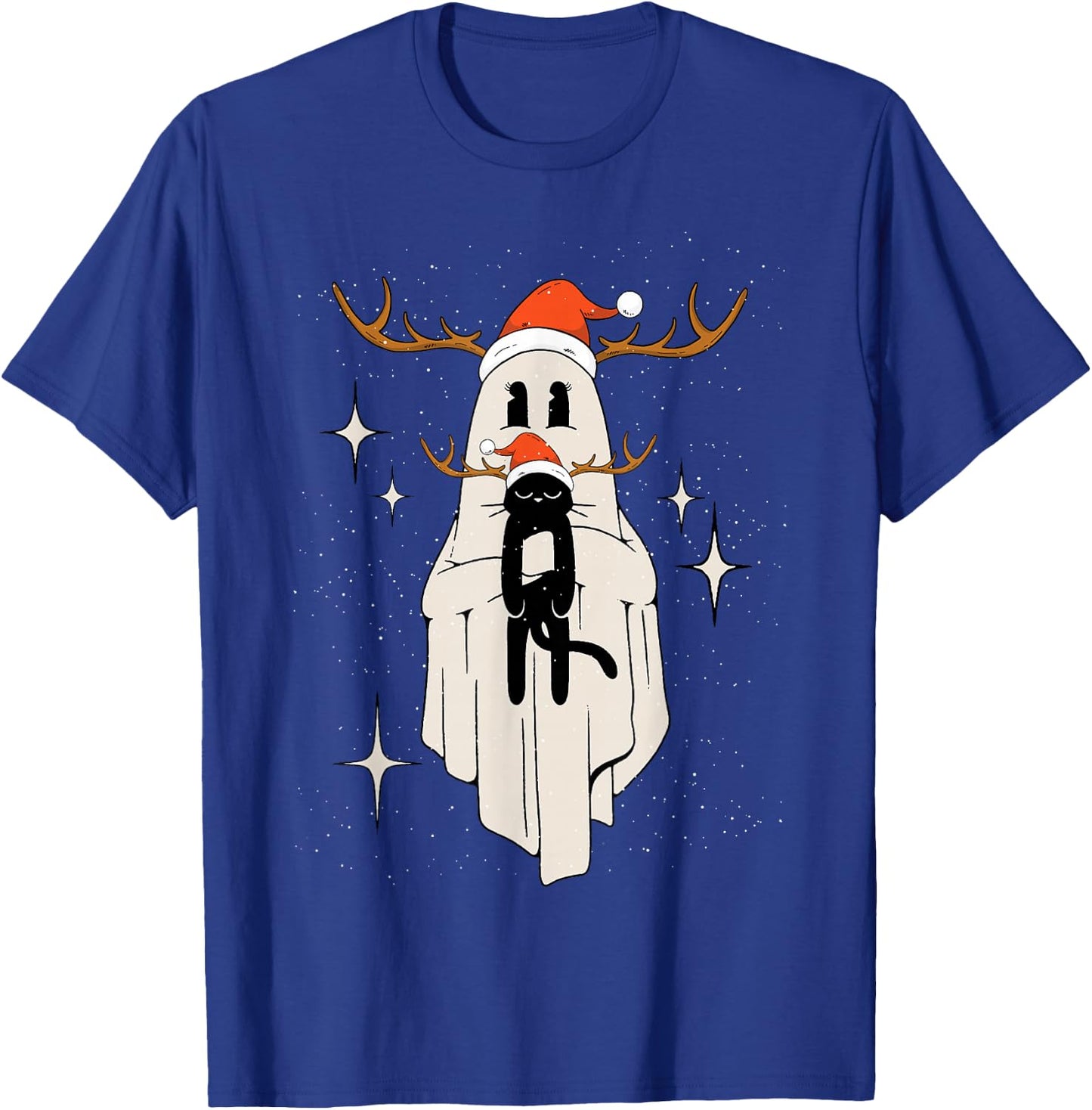 Cute Ghost with Santa Hat holding Black Cat - Kids Women Men T-Shirt - T-Shirt | Royal