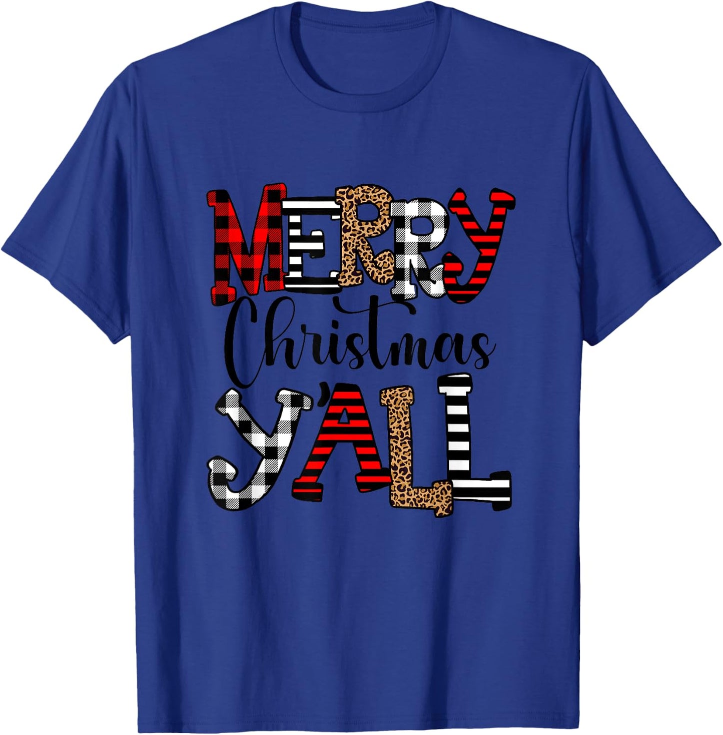 Western Country Merry Christmas Ya'll Leopard Buffalo Plaid T-Shirt - T-Shirt | Royal