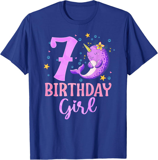 Narwhal Unicorn Of The Sea 7th Birthday Girl 7 Year Old T-Shirt - T-Shirt | Royal