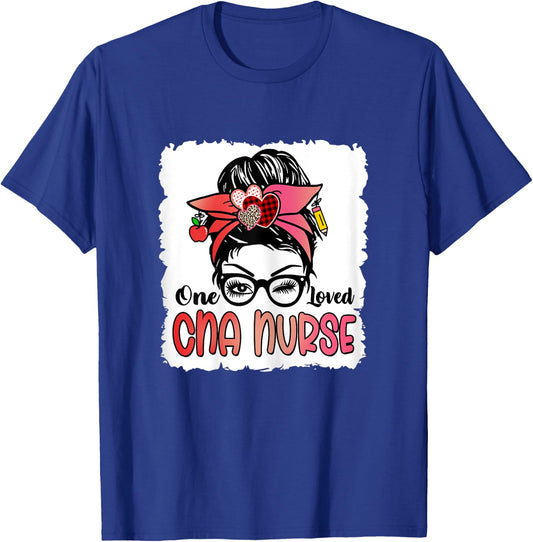 Bleached One Loved Cna Nurse Cute Valentine Messy Bun Women T-Shirt - T-Shirt | Royal