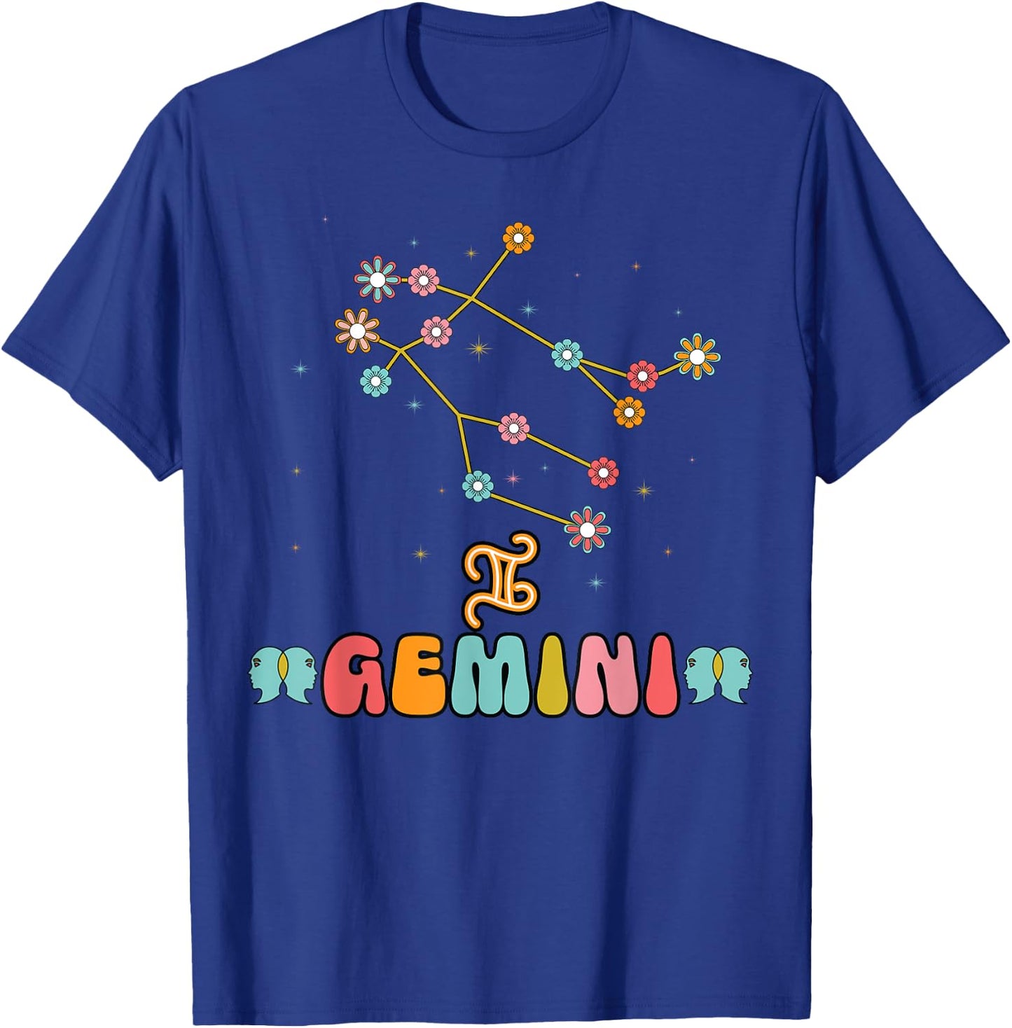 Gemini Constellation Zodiac May June Birthday Retro Floral T-Shirt - T-Shirt | Royal