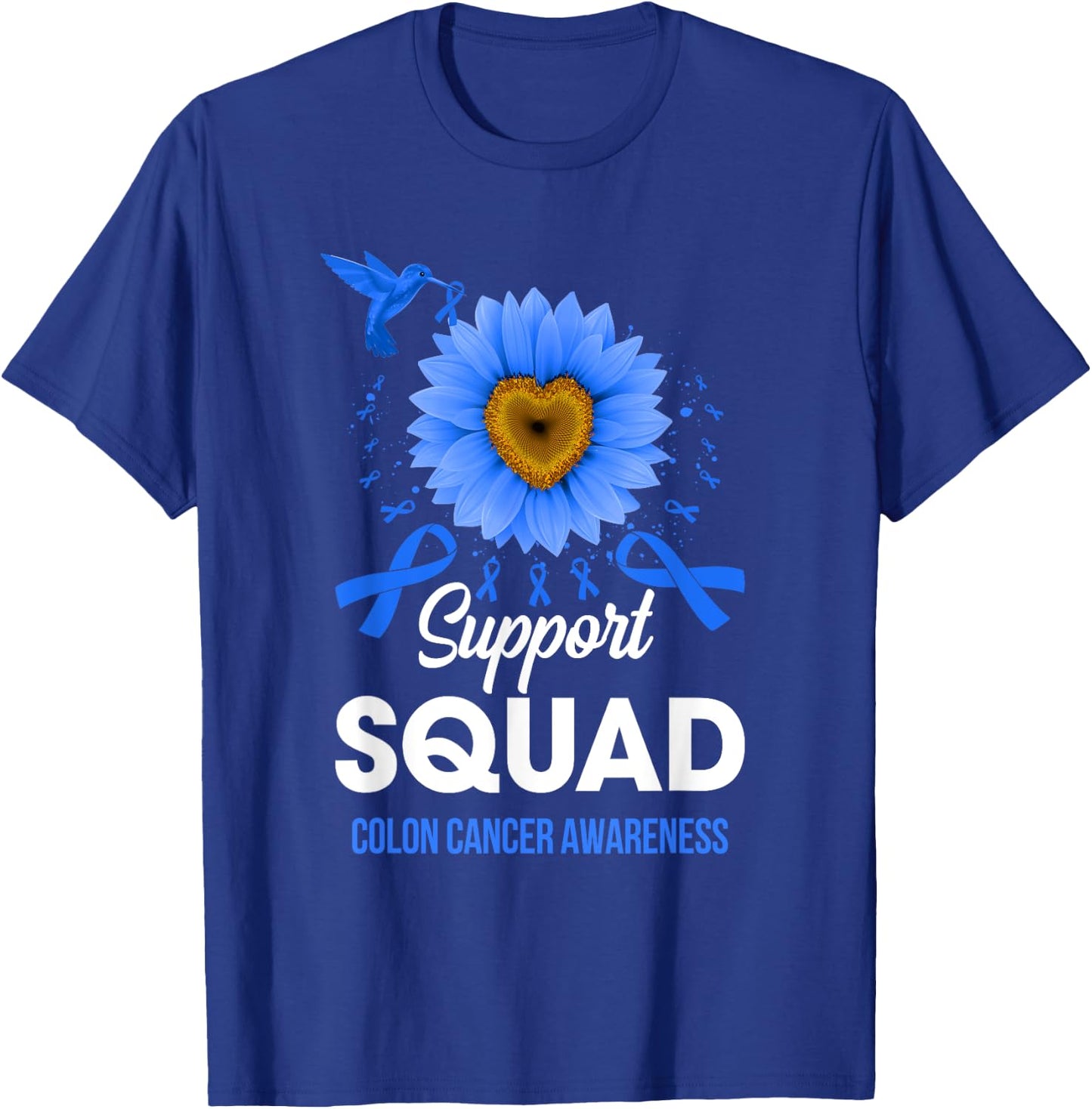 Support Squad Colon Cancer Awareness Sunflower Hummingbird T-Shirt - T-Shirt | Royal